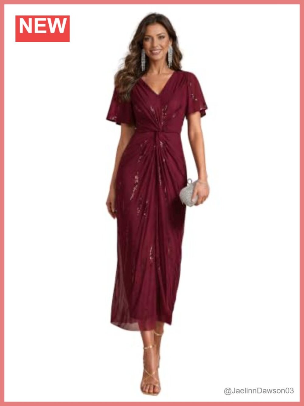 Sequin Midi Cocktail Wedding Guest Dress Ruffle Sleeve V-Neck Sheath